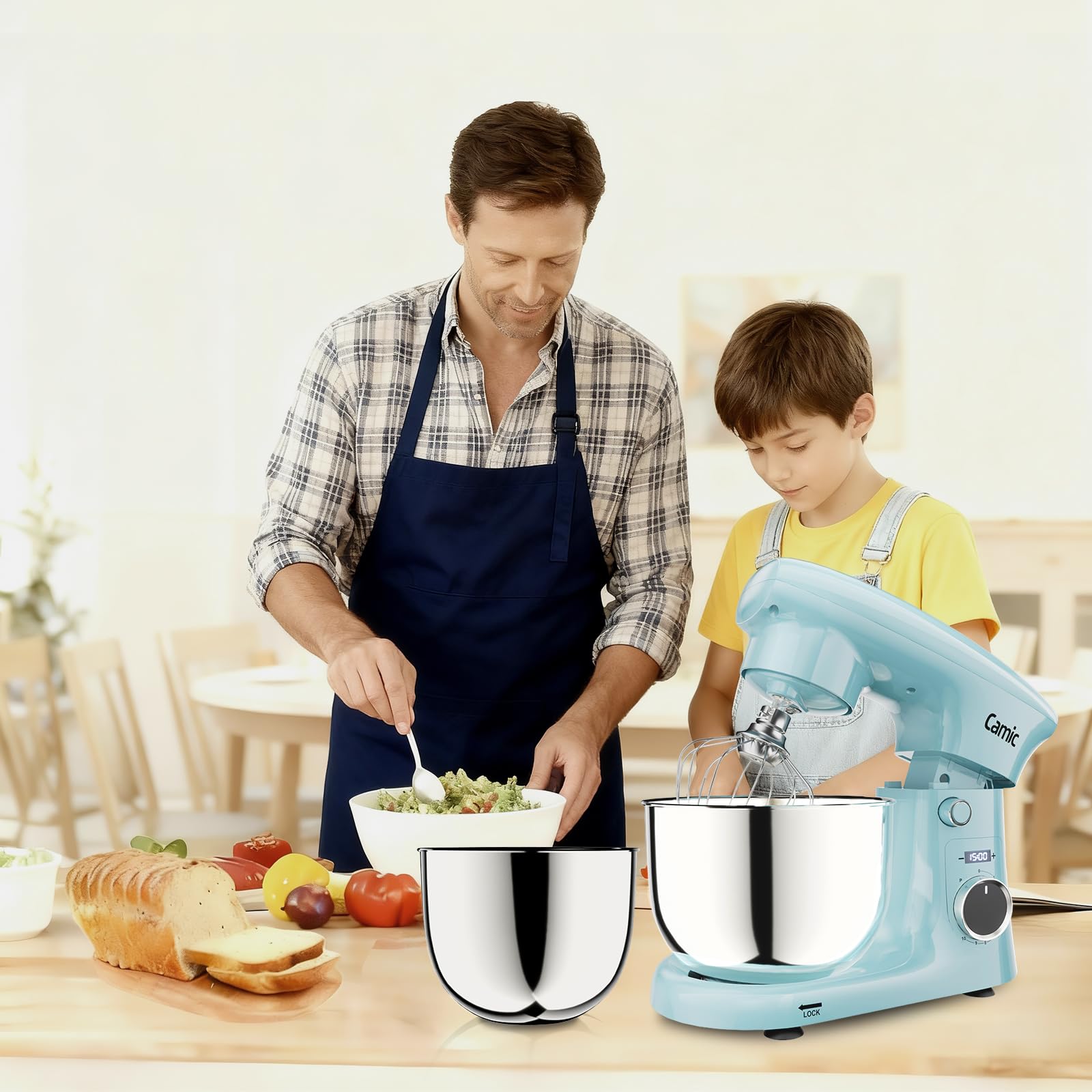Camic Stand Mixer, 4.2QT+5.3QT Two bowls Electric Food Mixer, 10 Speeds with Digital setting 3-IN-1 Kitchen Mixer for Baking Cakes Cookie Bread Salad with Egg Whisk,Dough Hook,Flat Beater (Grey)