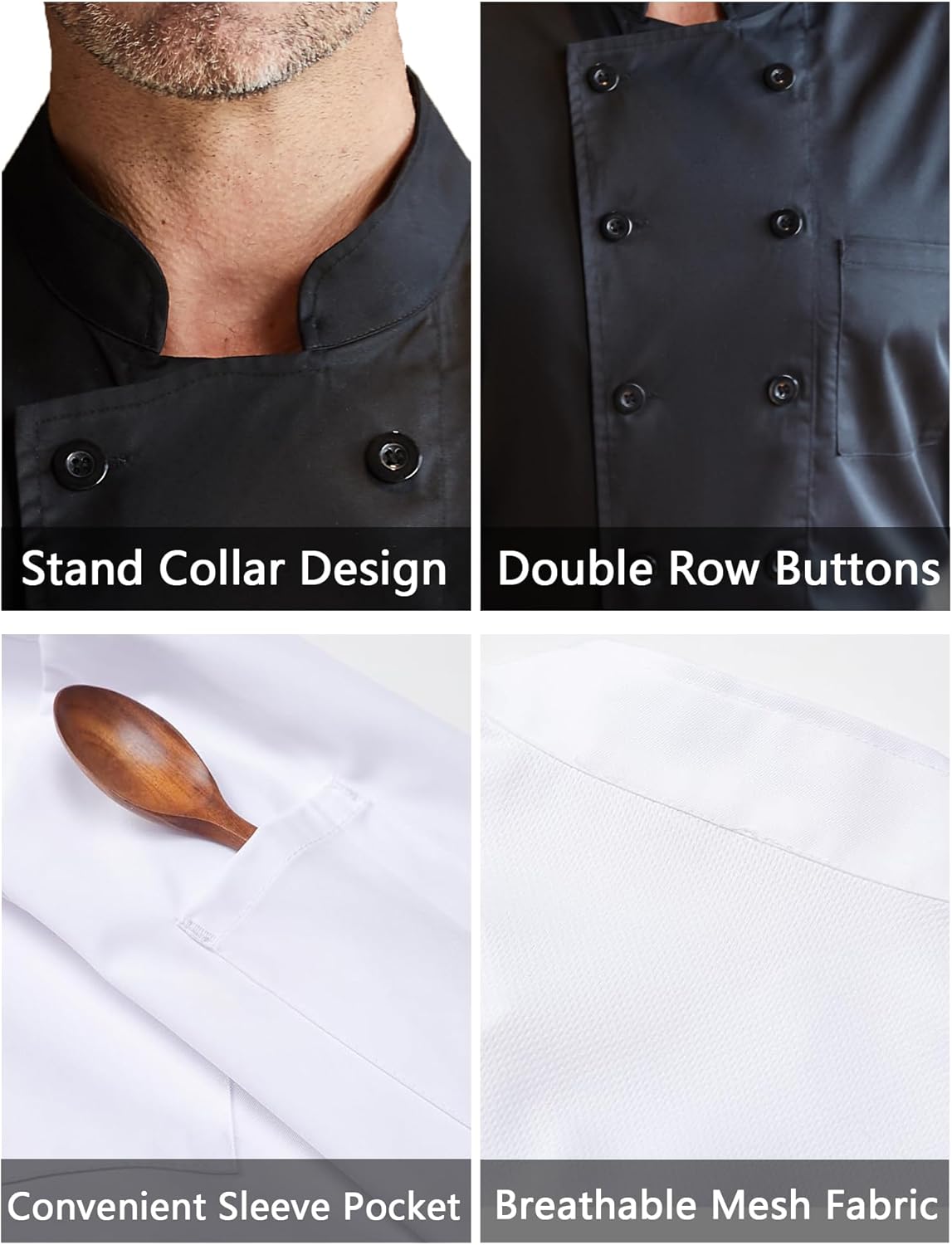 KITCHIEF Black Chef Coat With Mesh Lightweight Chef Jacket Men Short Sleeve Chef Uniform for Kitchen,Restaurant,Bakery