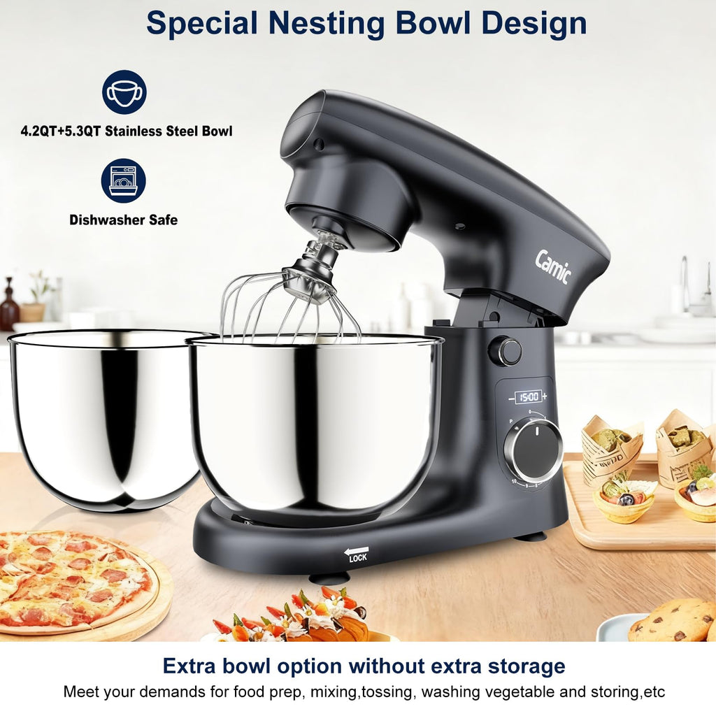 Camic Stand Mixer, 4.2QT+5.3QT Two bowls Electric Food Mixer, 10 Speeds with Digital setting 3-IN-1 Kitchen Mixer for Baking Cakes Cookie Bread Salad with Egg Whisk,Dough Hook,Flat Beater (Grey)