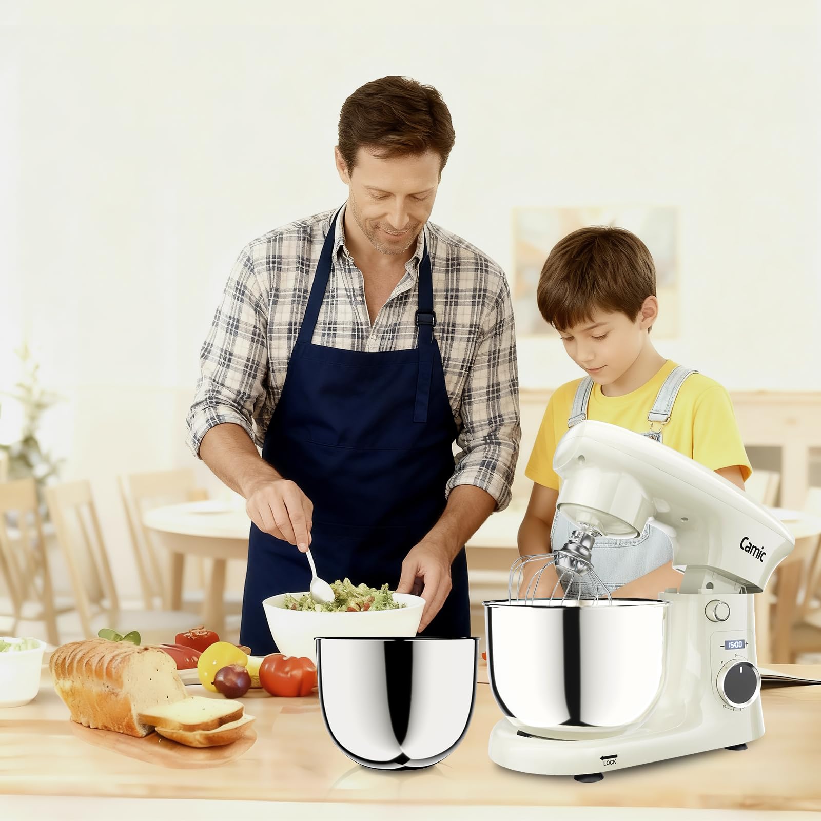 Camic Stand Mixer, 4.2QT+5.3QT Two bowls Electric Food Mixer, 10 Speeds with Digital setting 3-IN-1 Kitchen Mixer for Baking Cakes Cookie Bread Salad with Egg Whisk,Dough Hook,Flat Beater (Grey)
