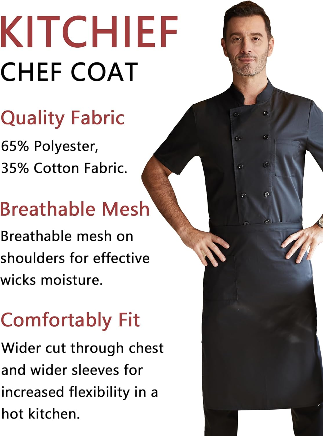 KITCHIEF Black Chef Coat With Mesh Lightweight Chef Jacket Men Short Sleeve Chef Uniform for Kitchen,Restaurant,Bakery