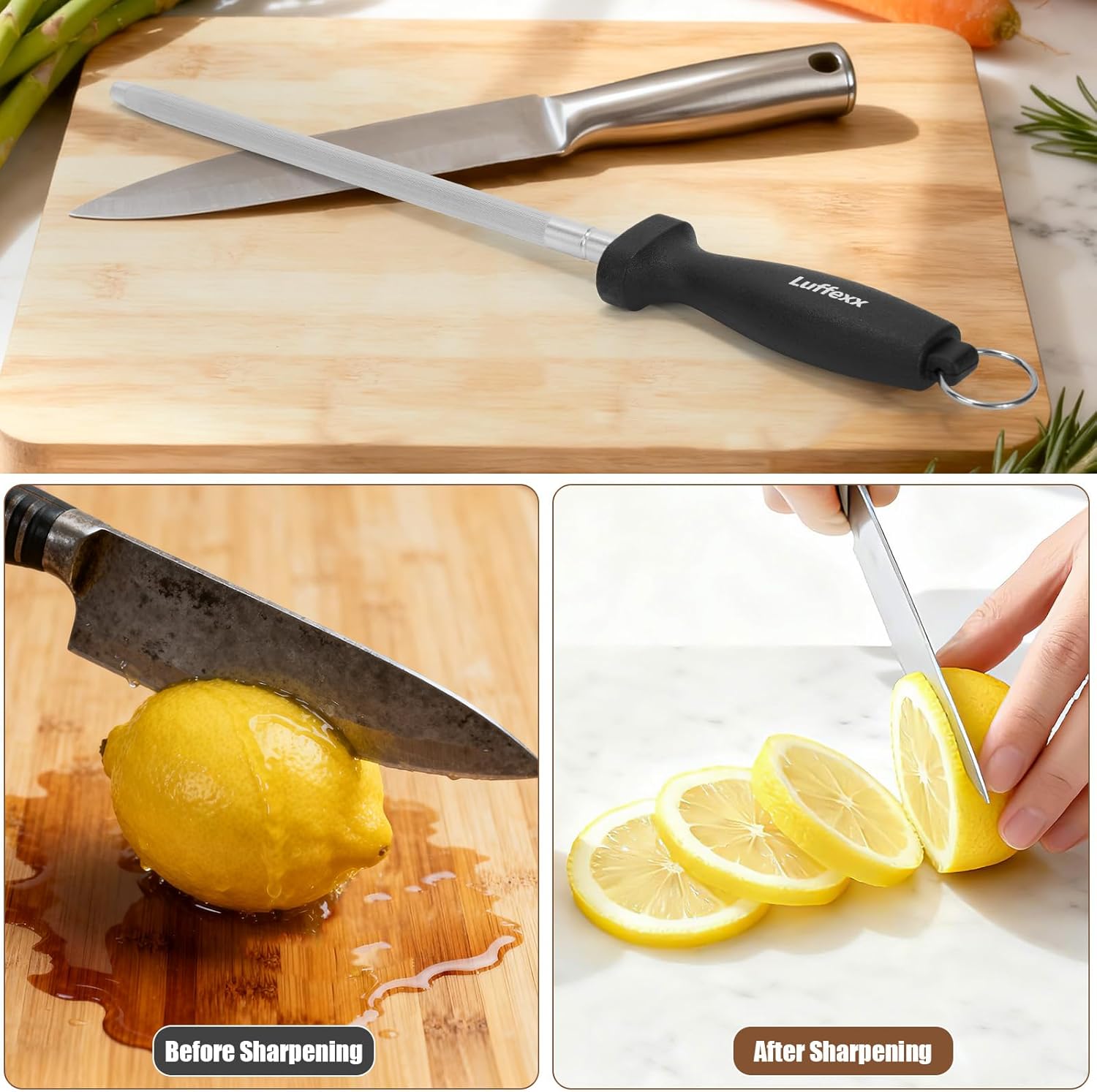 Professional 12-Inch Knife Sharpening Rod, High-Carbon honing rod to Sharpen the Knife Quickly, Perfect Knife Sharpener for Chefs and Home Cooks, Easy to Use & Sturdy
