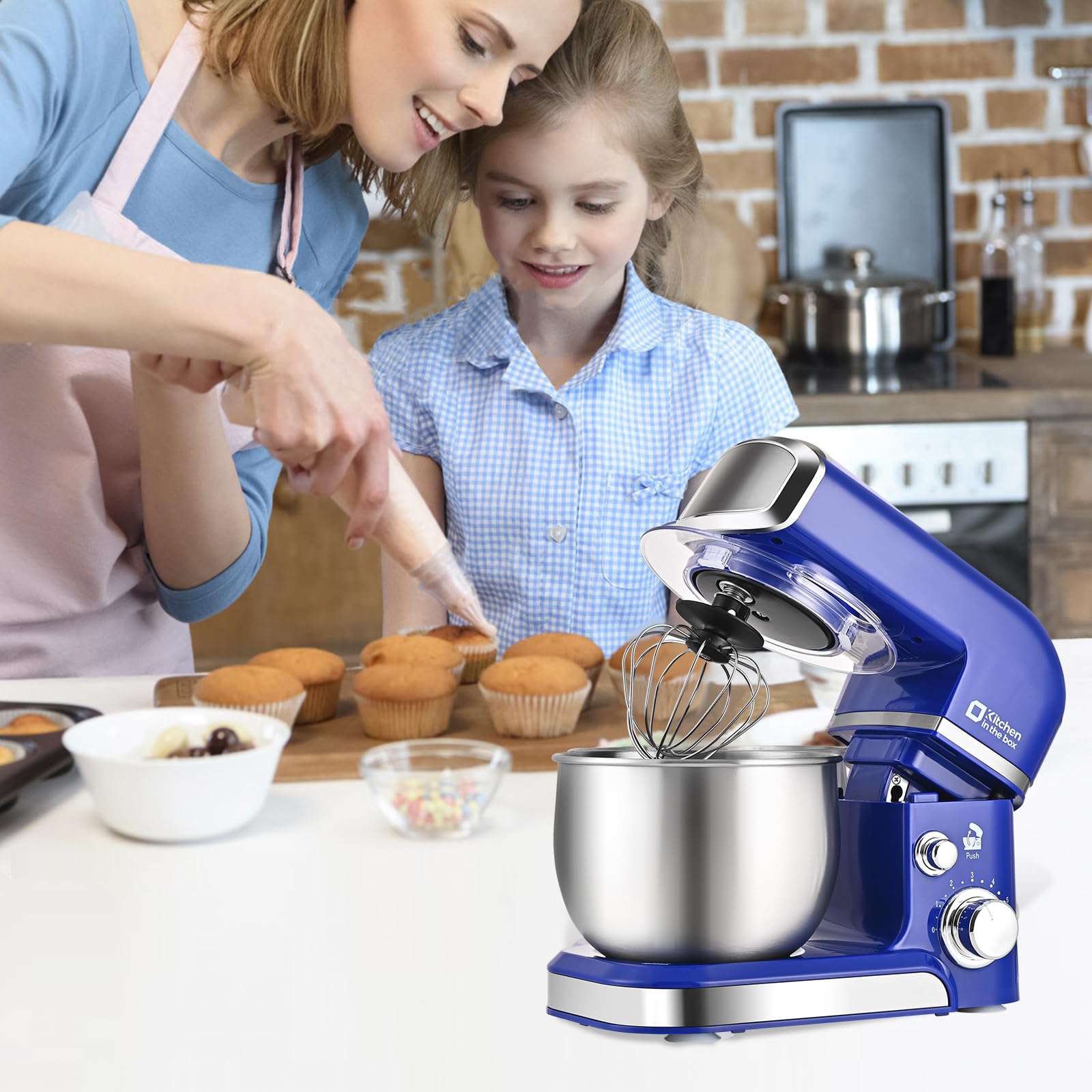 Kitchen in the box Stand Mixer,3.2Qt Small Electric Food Mixer,6 Speeds Portable Lightweight Kitchen Mixer for Daily Use with Egg Whisk,Dough Hook,Flat Beater (Blue)