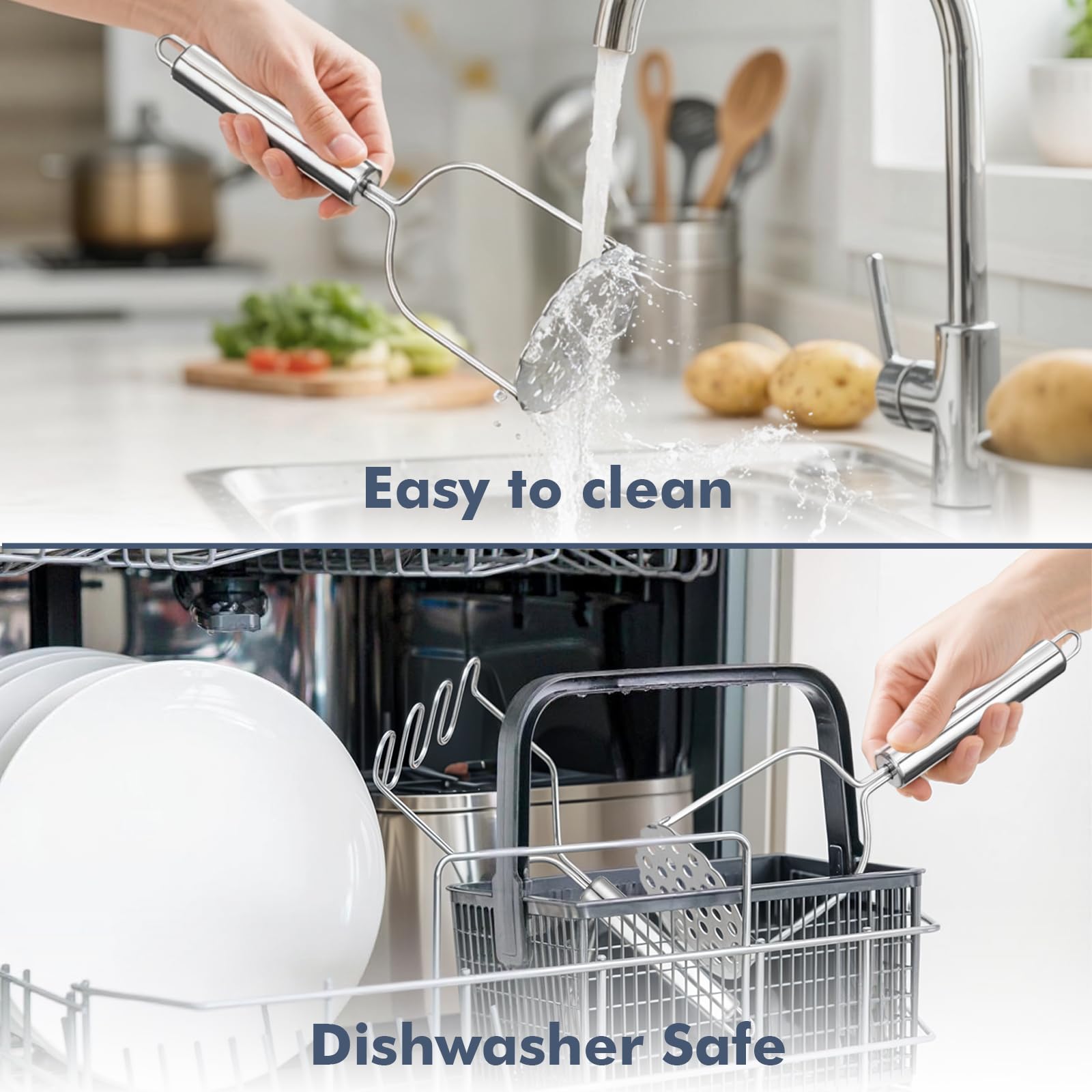 2PCS Mashed Potato Masher - Stainless Steel Potato Smasher, Masher Kitchen Tools & Utensils for Avocado, Bean, Salad, Vegetables, Fruit, Food, Meat Smasher Tool for Ground Beef