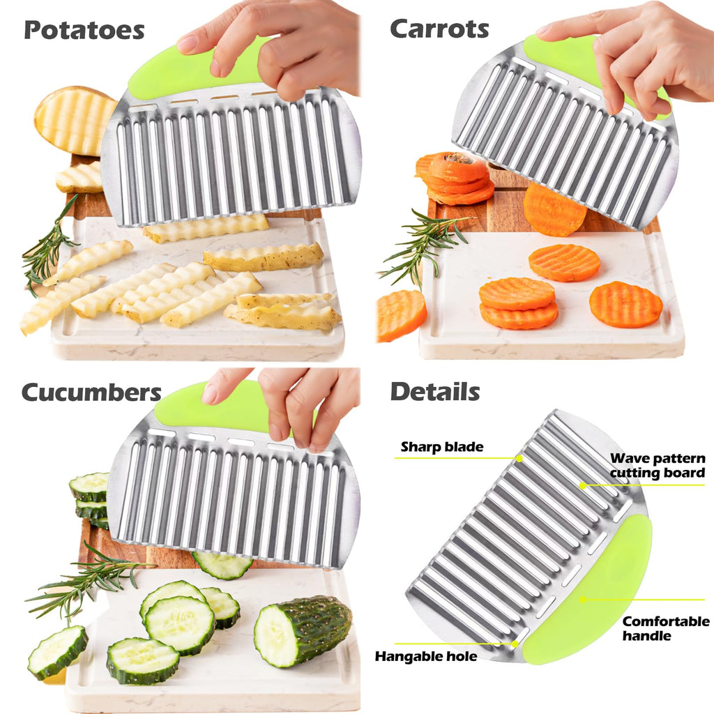 JAYVAR Large Crinkle Cutter French Fry Cutter, Large Crinkle Potato Slicer Wavy Chopper, Stainless Steel Wavy Slicer Crinkle Cutting Chopping Tools with Handle for Carrot Vegetable
