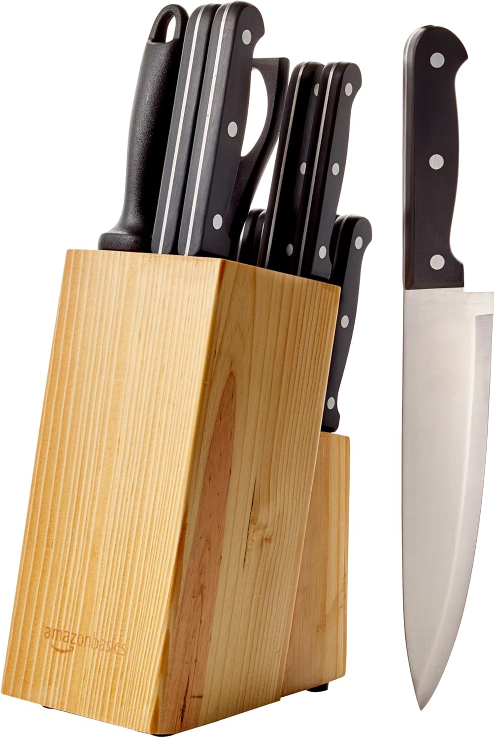 Basics 14-Piece High Carbon Stainless Steel Kitchen Knife Set with Full Tang Construction, Ergonomic Handles, Sharpener and Pinewood Block, Black