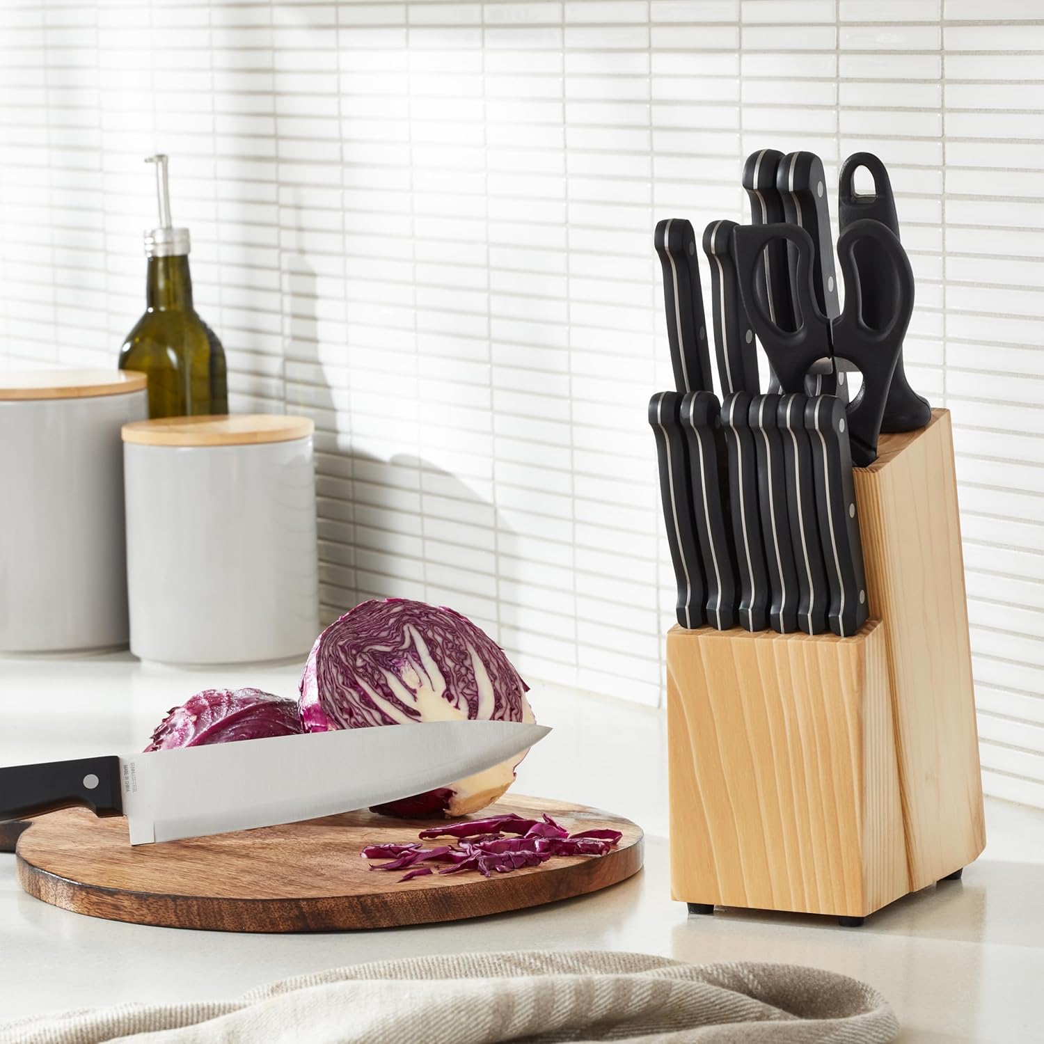 Basics 14-Piece High Carbon Stainless Steel Kitchen Knife Set with Full Tang Construction, Ergonomic Handles, Sharpener and Pinewood Block, Black