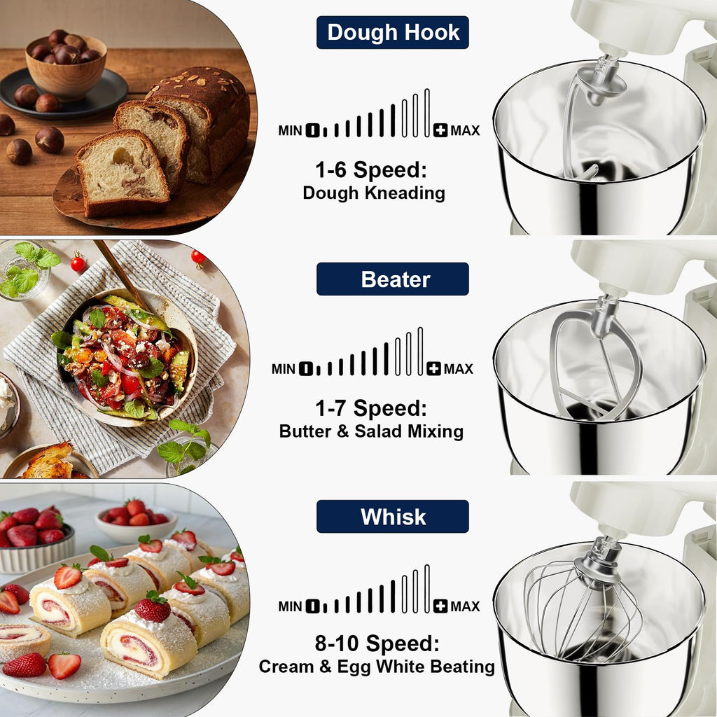 Camic Stand Mixer, 4.2QT+5.3QT Two bowls Electric Food Mixer, 10 Speeds with Digital setting 3-IN-1 Kitchen Mixer for Baking Cakes Cookie Bread Salad with Egg Whisk,Dough Hook,Flat Beater (Grey)