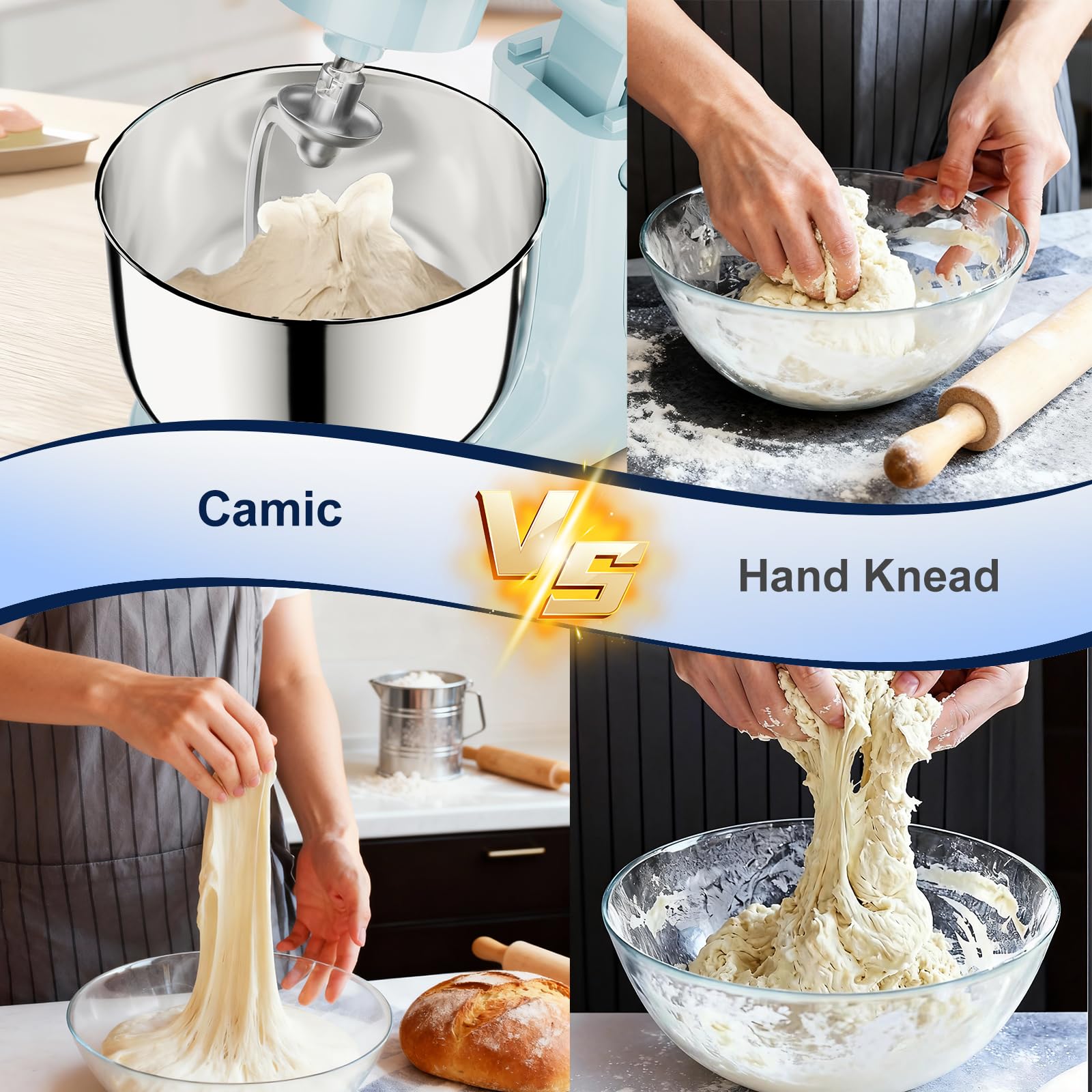 Camic Stand Mixer, 4.2QT+5.3QT Two bowls Electric Food Mixer, 10 Speeds with Digital setting 3-IN-1 Kitchen Mixer for Baking Cakes Cookie Bread Salad with Egg Whisk,Dough Hook,Flat Beater (Grey)
