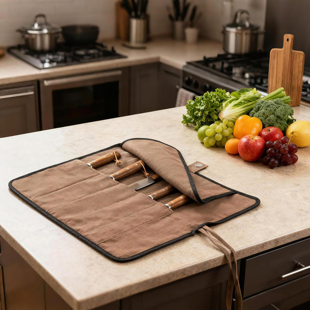 Chef’s Knife Roll Bag, Portable Canvas Cases, Chef Bag With 5 Slots Pockets Can Hold Kitchen Knife Tools Up To 15 Inch