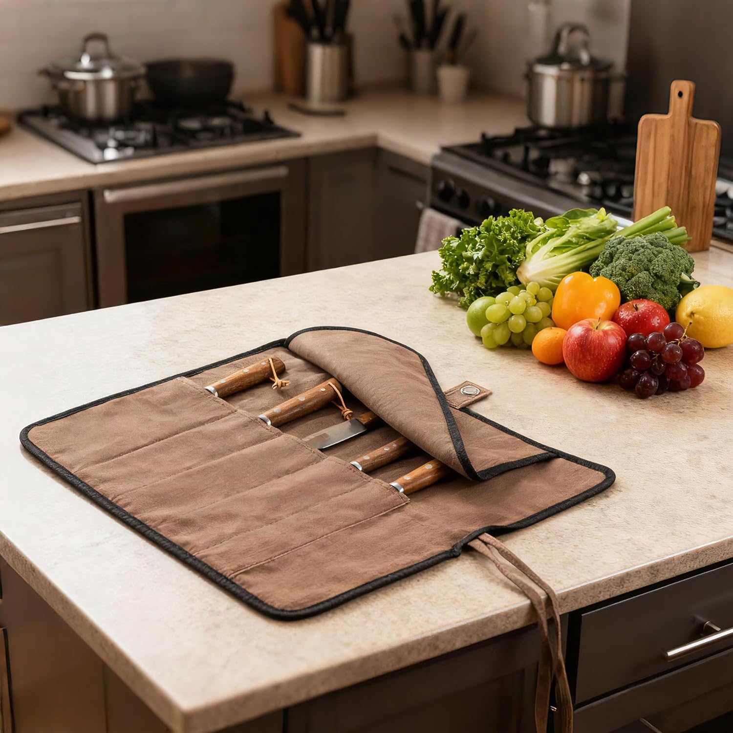 Chef’s Knife Roll Bag, Portable Canvas Cases, Chef Bag With 5 Slots Pockets Can Hold Kitchen Knife Tools Up To 15 Inch