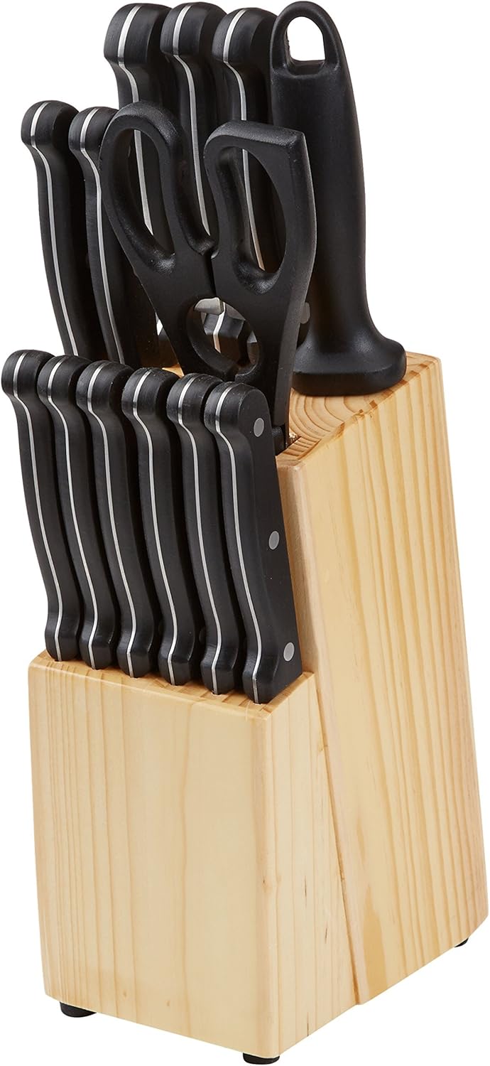 Basics 14-Piece High Carbon Stainless Steel Kitchen Knife Set with Full Tang Construction, Ergonomic Handles, Sharpener and Pinewood Block, Black