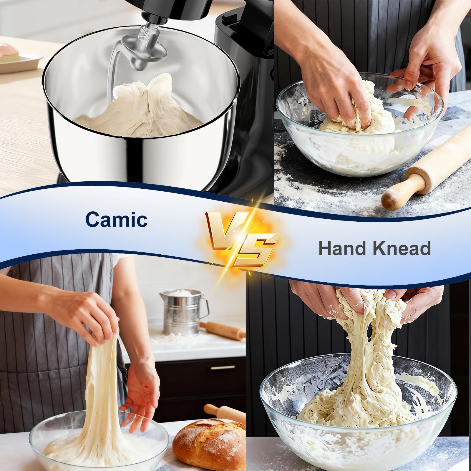 Camic Stand Mixer, 4.2QT+5.3QT Two bowls Electric Food Mixer, 10 Speeds with Digital setting 3-IN-1 Kitchen Mixer for Baking Cakes Cookie Bread Salad with Egg Whisk,Dough Hook,Flat Beater (Grey)