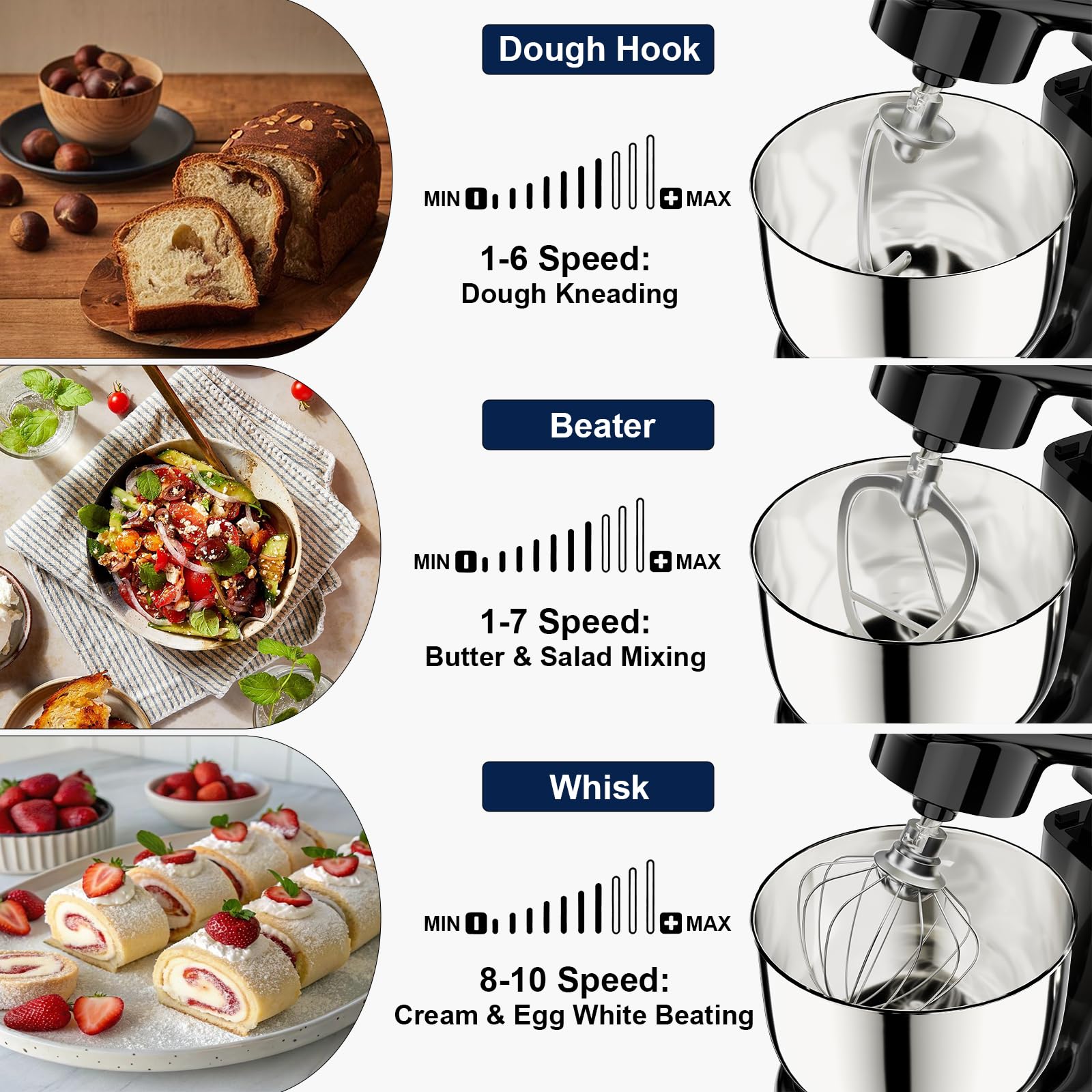 Camic Stand Mixer, 4.2QT+5.3QT Two bowls Electric Food Mixer, 10 Speeds with Digital setting 3-IN-1 Kitchen Mixer for Baking Cakes Cookie Bread Salad with Egg Whisk,Dough Hook,Flat Beater (Grey)
