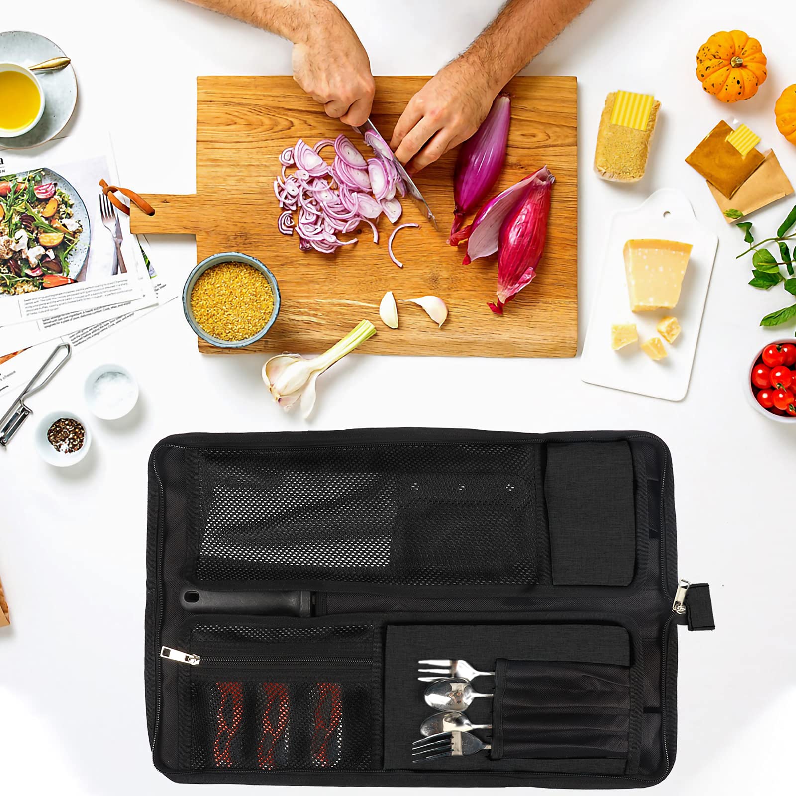 Chef’s Knife Roll Bag, Heavy Duty Oxford Chef Knife Bag, Portable 13 Slots Chef Knife Case, Multi-function Cutlery Knives Pouch Holder Knife Wrap Wallet Tool Roll