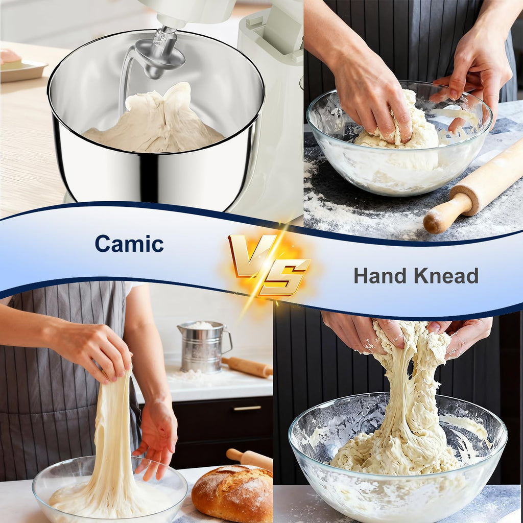 Camic Stand Mixer, 4.2QT+5.3QT Two bowls Electric Food Mixer, 10 Speeds with Digital setting 3-IN-1 Kitchen Mixer for Baking Cakes Cookie Bread Salad with Egg Whisk,Dough Hook,Flat Beater (Grey)