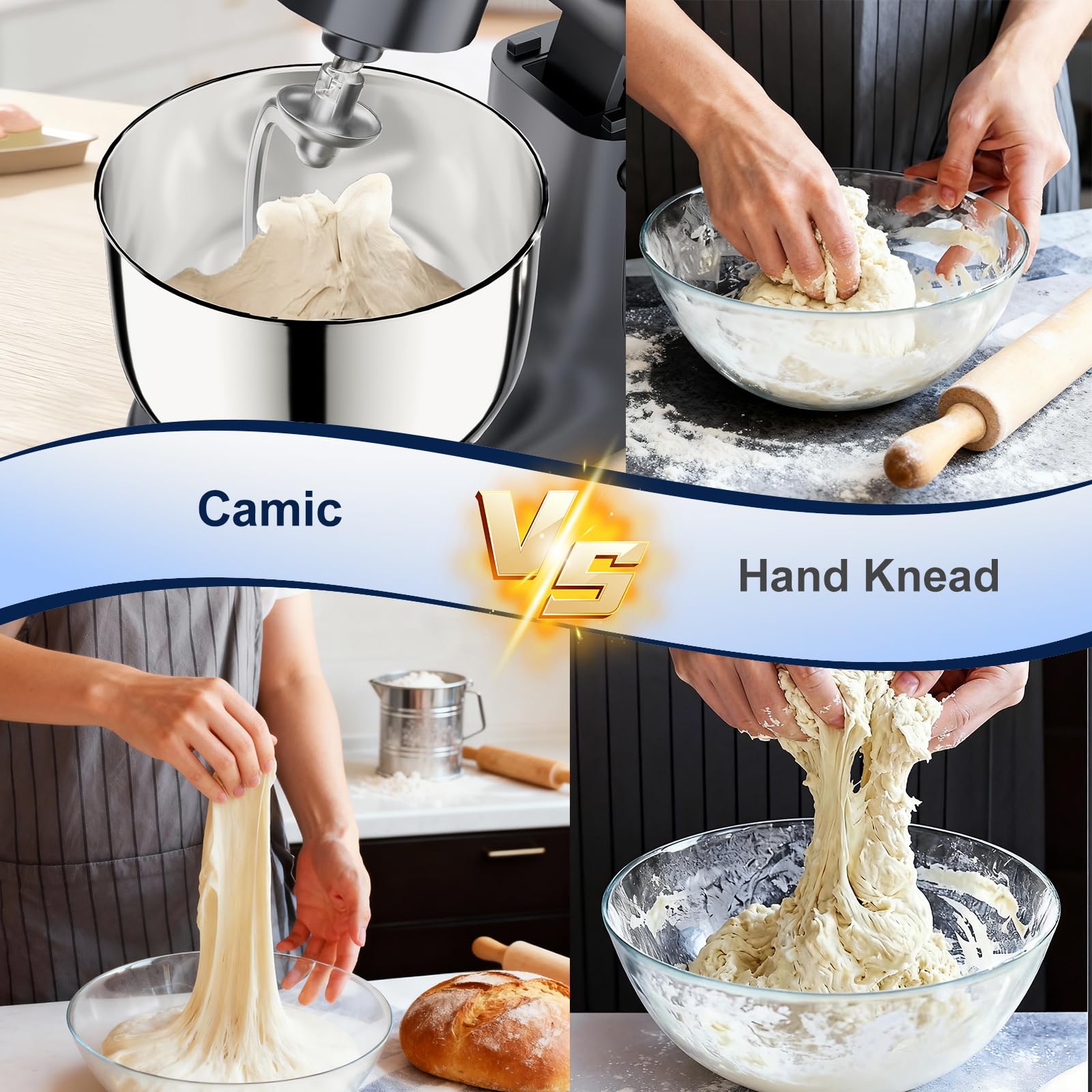 Camic Stand Mixer, 4.2QT+5.3QT Two bowls Electric Food Mixer, 10 Speeds with Digital setting 3-IN-1 Kitchen Mixer for Baking Cakes Cookie Bread Salad with Egg Whisk,Dough Hook,Flat Beater (Grey)