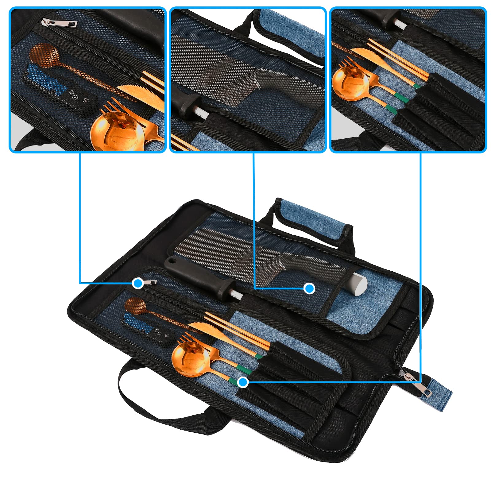 Chef’s Knife Roll Bag, Heavy Duty Oxford Chef Knife Bag, Portable 13 Slots Chef Knife Case, Multi-function Cutlery Knives Pouch Holder Knife Wrap Wallet Tool Roll