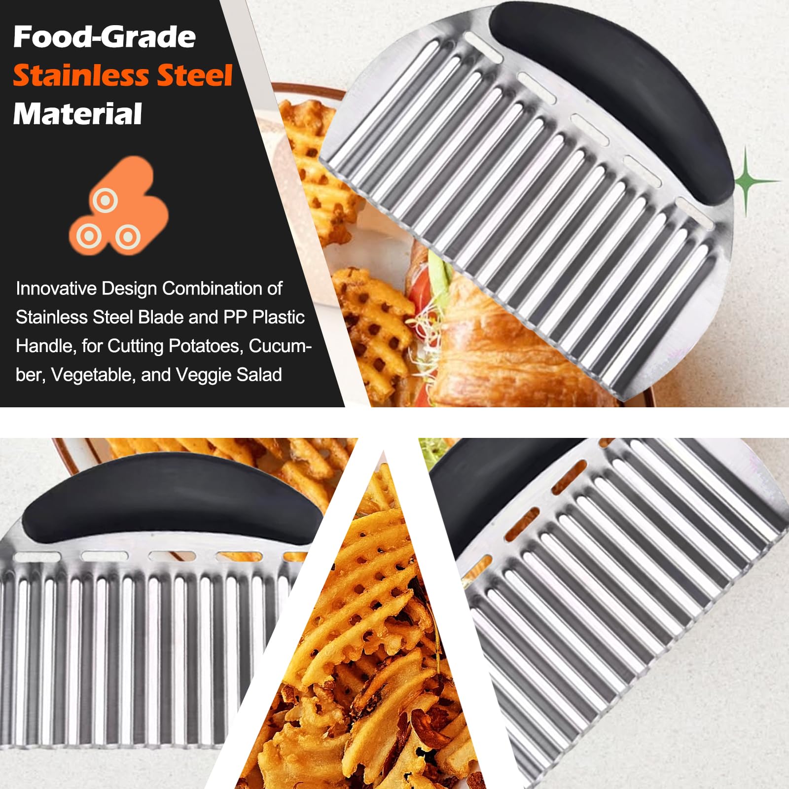 JAYVAR Large Crinkle Cutter French Fry Cutter, Large Crinkle Potato Slicer Wavy Chopper, Stainless Steel Wavy Slicer Crinkle Cutting Chopping Tools with Handle for Carrot Vegetable