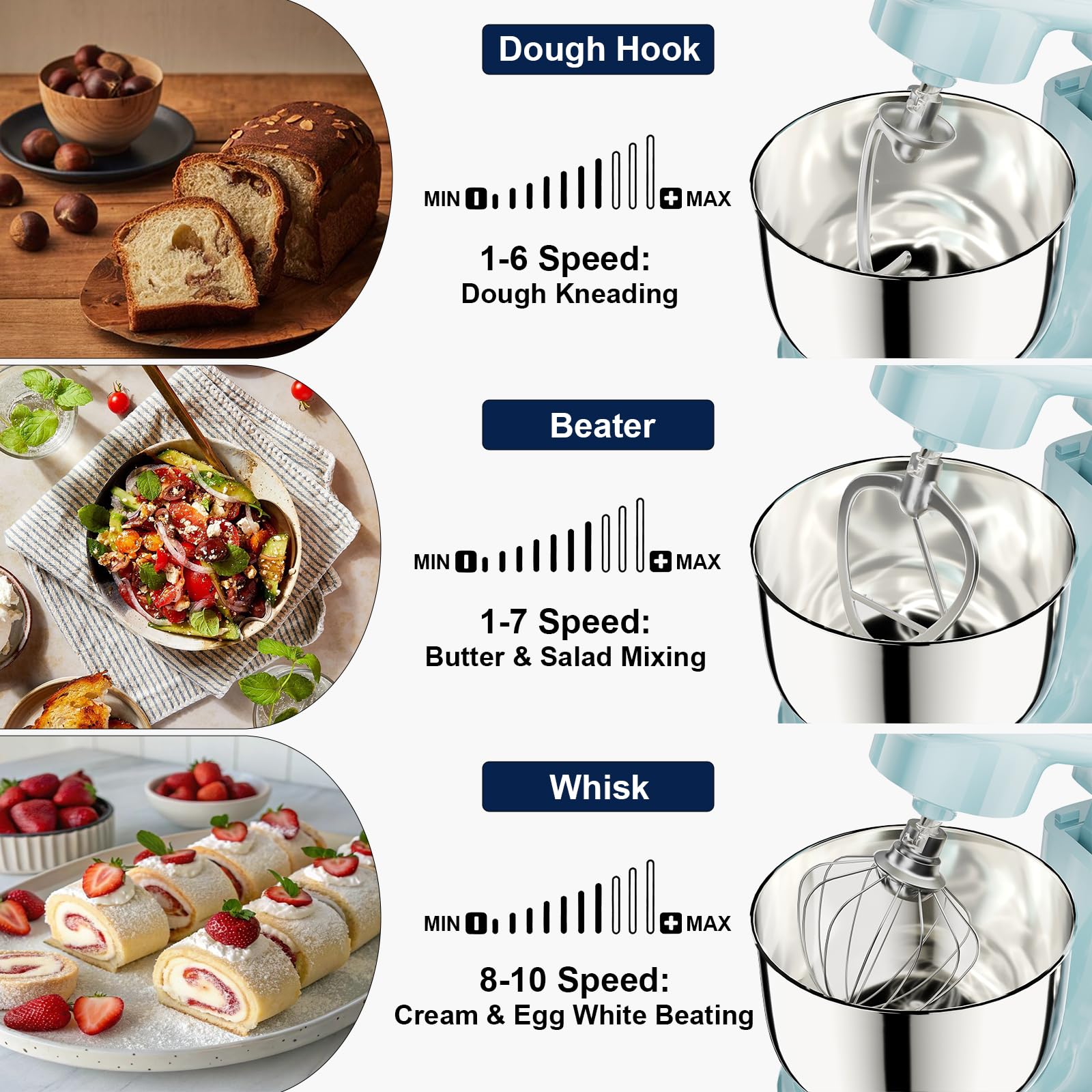 Camic Stand Mixer, 4.2QT+5.3QT Two bowls Electric Food Mixer, 10 Speeds with Digital setting 3-IN-1 Kitchen Mixer for Baking Cakes Cookie Bread Salad with Egg Whisk,Dough Hook,Flat Beater (Grey)
