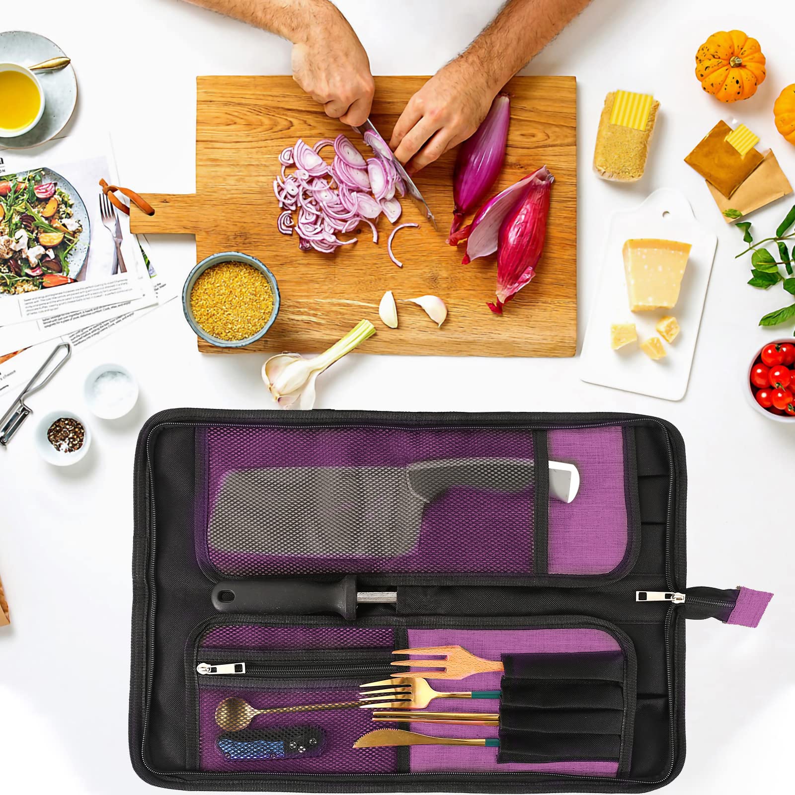 Chef’s Knife Roll Bag, Heavy Duty Oxford Chef Knife Bag, Portable 13 Slots Chef Knife Case, Multi-function Cutlery Knives Pouch Holder Knife Wrap Wallet Tool Roll