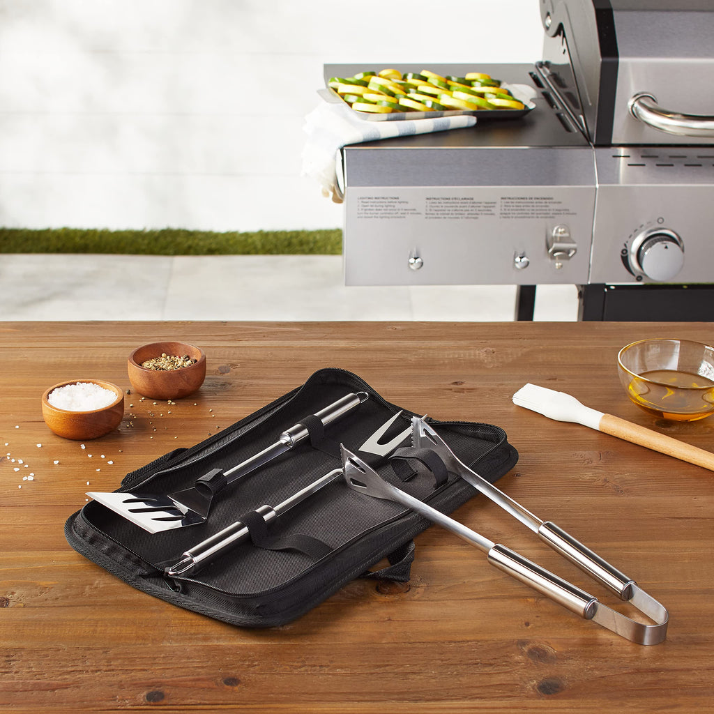 Amazon Basics 4-Piece Stainless Steel BBQ Grilling Tool Set for Outdoor Cooking, Griddle Spatula, Heat Resistant, Dishwasher Safe, Silver