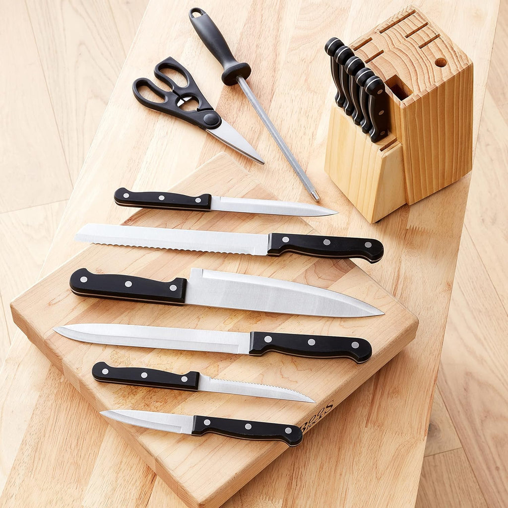 Basics 14-Piece High Carbon Stainless Steel Kitchen Knife Set with Full Tang Construction, Ergonomic Handles, Sharpener and Pinewood Block, Black