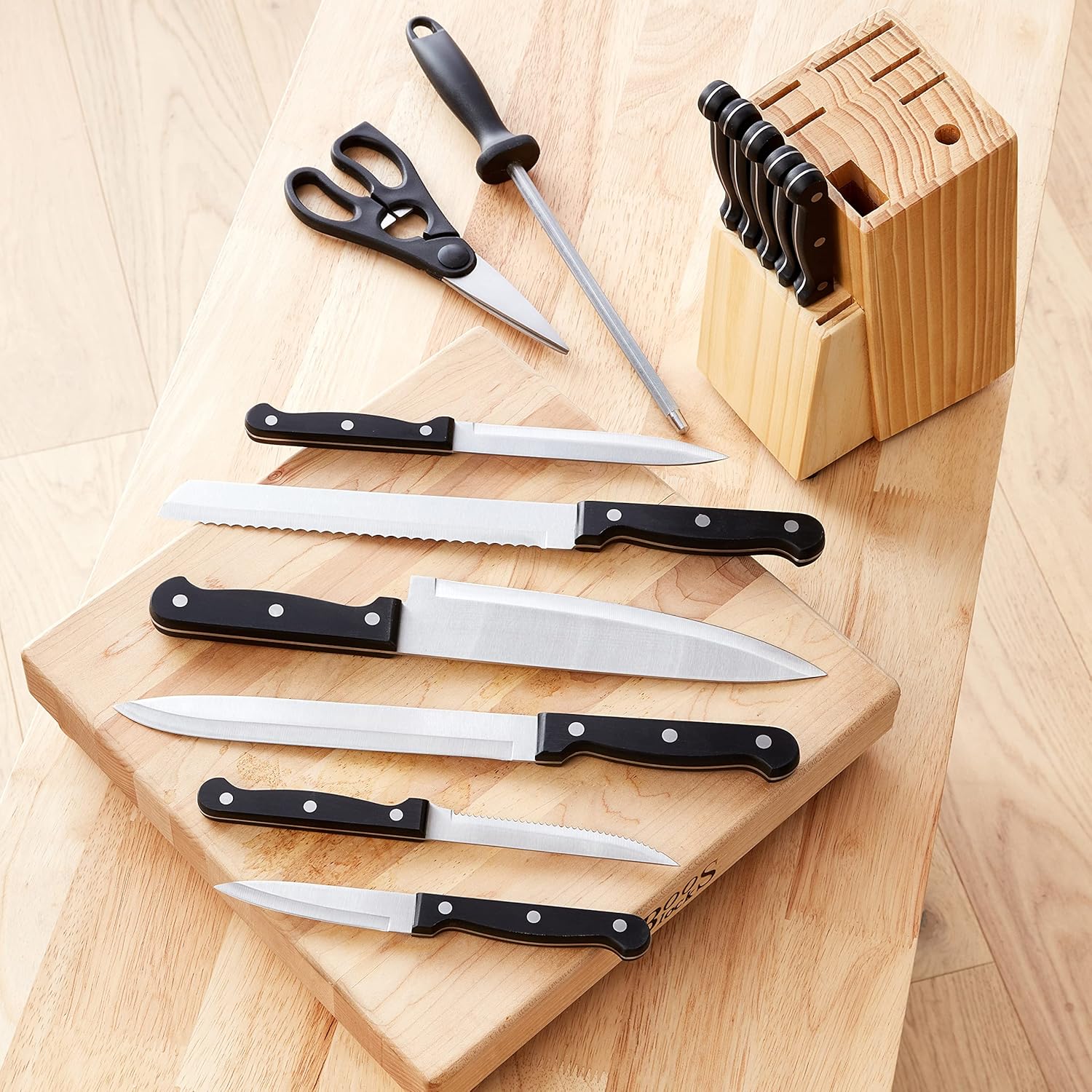 Basics 14-Piece High Carbon Stainless Steel Kitchen Knife Set with Full Tang Construction, Ergonomic Handles, Sharpener and Pinewood Block, Black