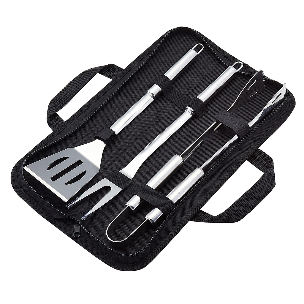 Amazon Basics 4-Piece Stainless Steel BBQ Grilling Tool Set for Outdoor Cooking, Griddle Spatula, Heat Resistant, Dishwasher Safe, Silver