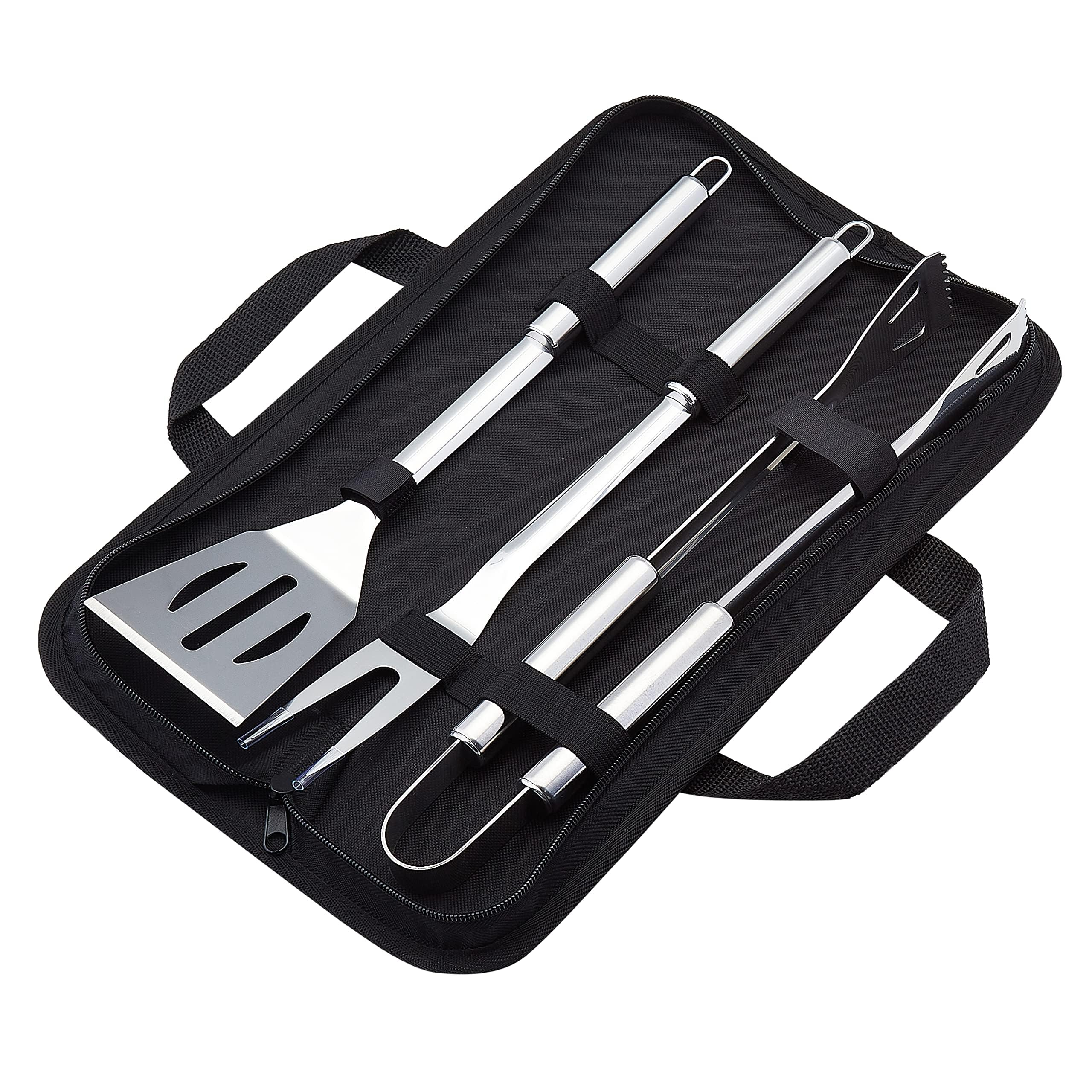 Amazon Basics 4-Piece Stainless Steel BBQ Grilling Tool Set for Outdoor Cooking, Griddle Spatula, Heat Resistant, Dishwasher Safe, Silver